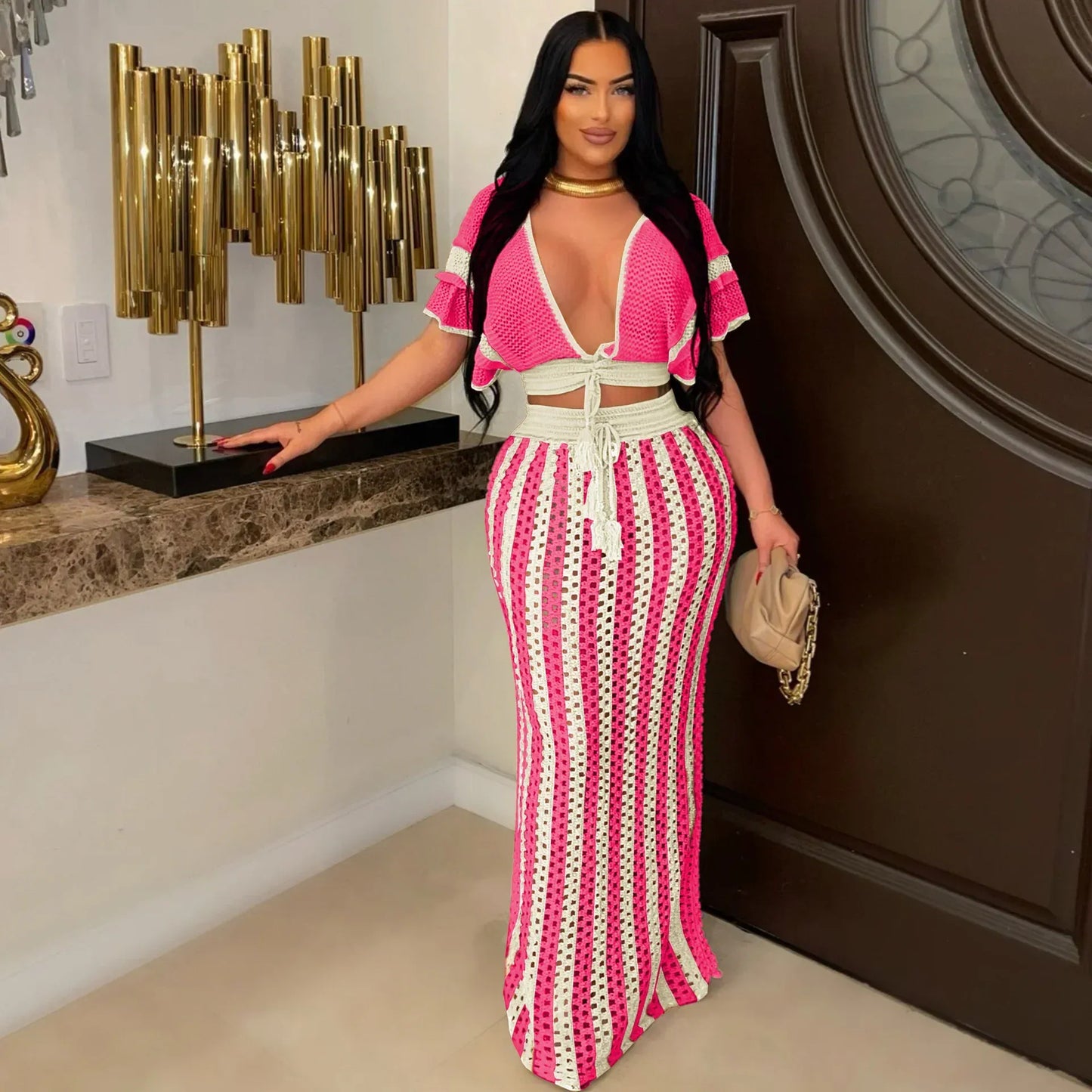 Rose Red / XL Wmstar Women Two Piece Set Sexy Elegant Knitted Crochet Beach Stripe Crop Tops Long Skirts Matching Set Holiday Birthday Outfits