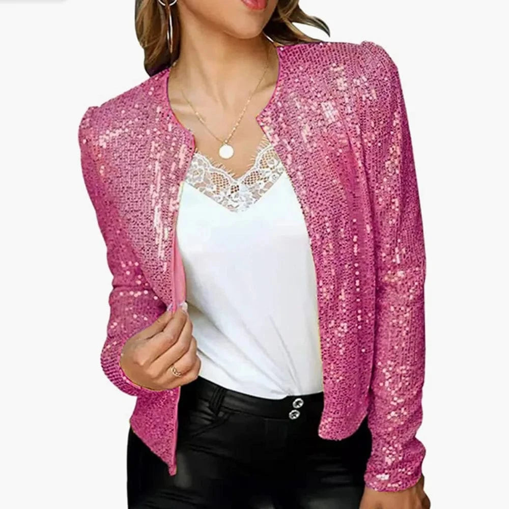 Rose Red / XXXL Gold Purple Shiny Sequins Round Neck Cardigan Jacket Women Fashion Short Coat Silver Blue Nothing Red Outerwear Female Overcoat