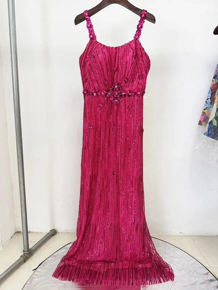 Rouge / M HIGH STREET Newest 2025 Fashion Stylish Designer Women's Sexy Stunning  beaded sequined gauze Sleeveless Tank Floor Long Dress