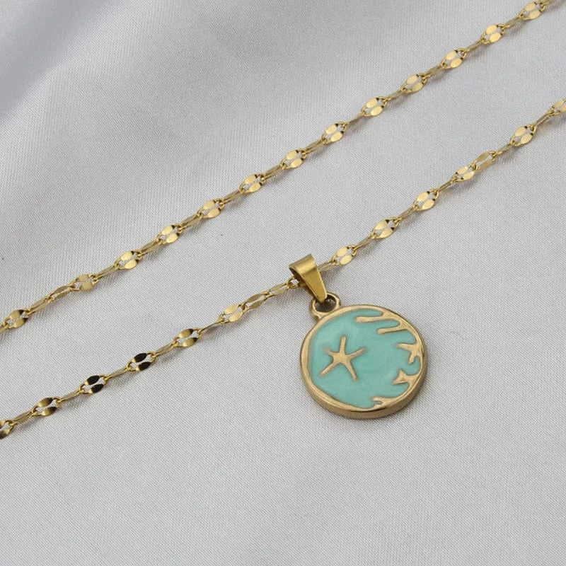 round / 01 Multicolor Jewelry Set Starfish Pattern 18k Gold Plated Stainless Steel Pendant Necklace Waterproof Chains Choker Jewelry