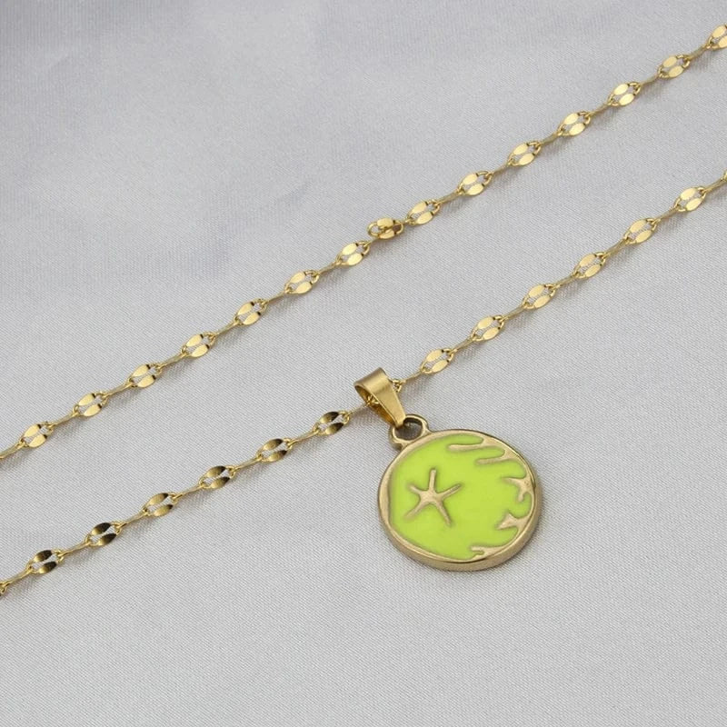 round / 02 Multicolor Jewelry Set Starfish Pattern 18k Gold Plated Stainless Steel Pendant Necklace Waterproof Chains Choker Jewelry