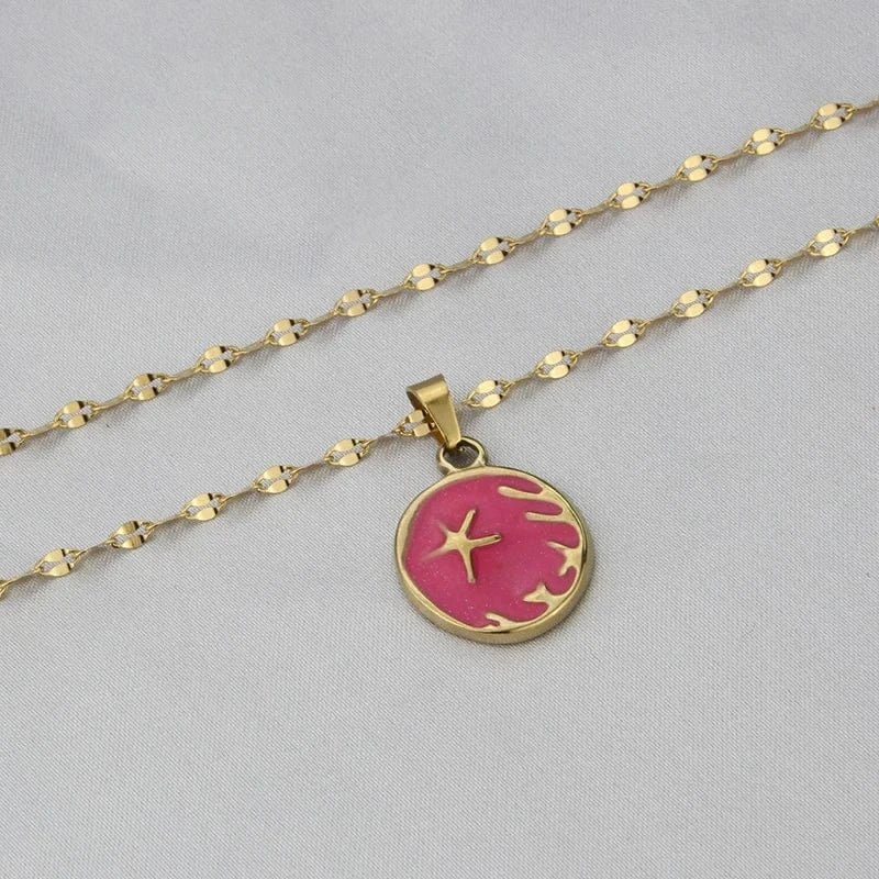 round / 03 Multicolor Jewelry Set Starfish Pattern 18k Gold Plated Stainless Steel Pendant Necklace Waterproof Chains Choker Jewelry