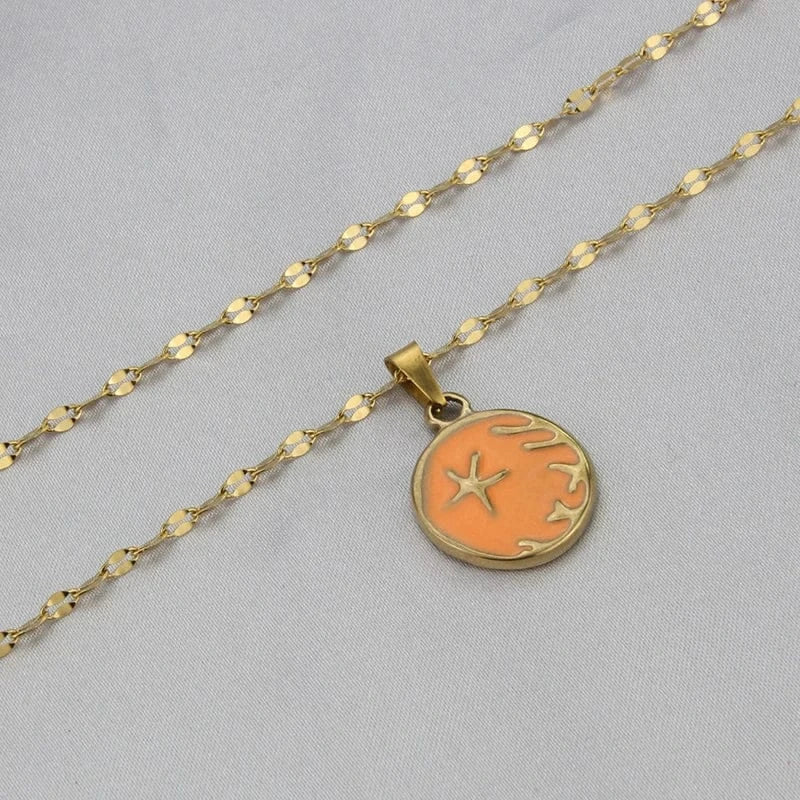 round / 04 Multicolor Jewelry Set Starfish Pattern 18k Gold Plated Stainless Steel Pendant Necklace Waterproof Chains Choker Jewelry
