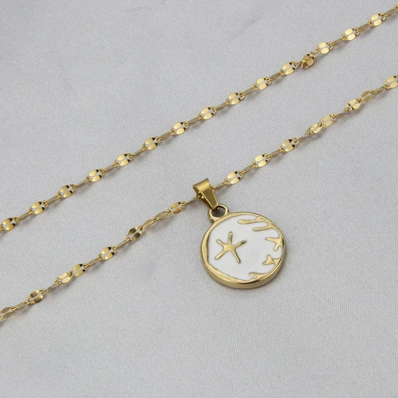 round / 05 Multicolor Jewelry Set Starfish Pattern 18k Gold Plated Stainless Steel Pendant Necklace Waterproof Chains Choker Jewelry