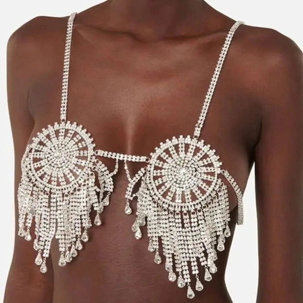 Round Cutout Diamond Chest Chain Trap Bra Fringe Body Jewelry Sexy Orgy Accessories for Women