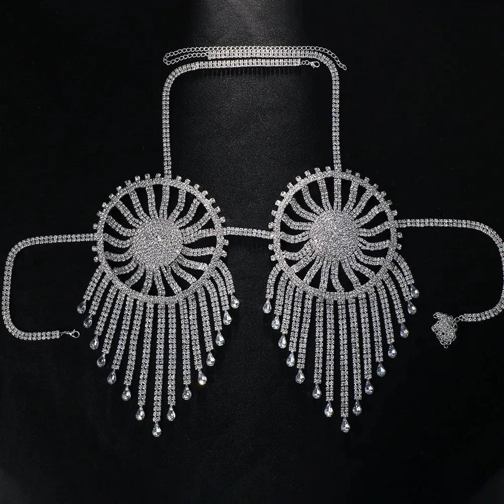 Round Cutout Diamond Chest Chain Trap Bra Fringe Body Jewelry Sexy Orgy Accessories for Women