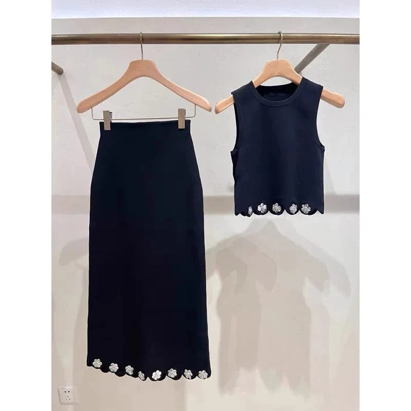 round neck vest tops long skirt knit slim elegant women's sets 2024 new wholesale floral black women's clothing