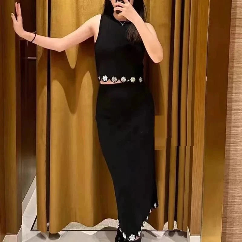 round neck vest tops long skirt knit slim elegant women's sets 2024 new wholesale floral black women's clothing