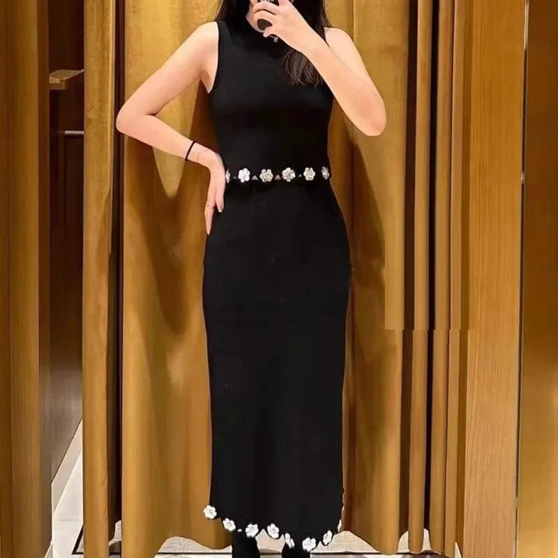 round neck vest tops long skirt knit slim elegant women's sets 2024 new wholesale floral black women's clothing