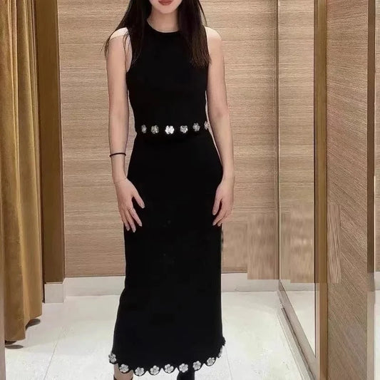 round neck vest tops long skirt knit slim elegant women's sets 2024 new wholesale floral black women's clothing