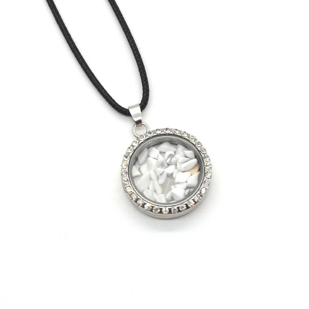 Round Necklace / Howlite Silver Love Heart Crystal Pendant Necklace 18" Black Cord for women Men 3-8MM Raw Chip Gemstone Open Wishing Choker Jewelry