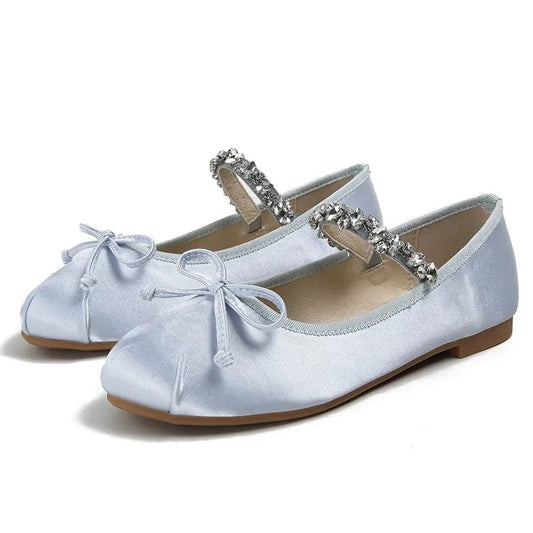 Round toe flat bottom ballet shoes super soft women shoes 2023 large size 43 rhinestone satin bowknot daily Mary Jane Flats