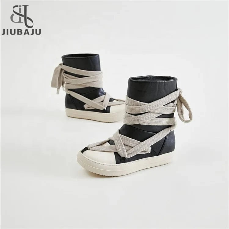 Round Toe Street High Top Board Sneakers PU Leather Casual Men's Mid-Calf Winter Shoes Women Flat Motorcycle Boots