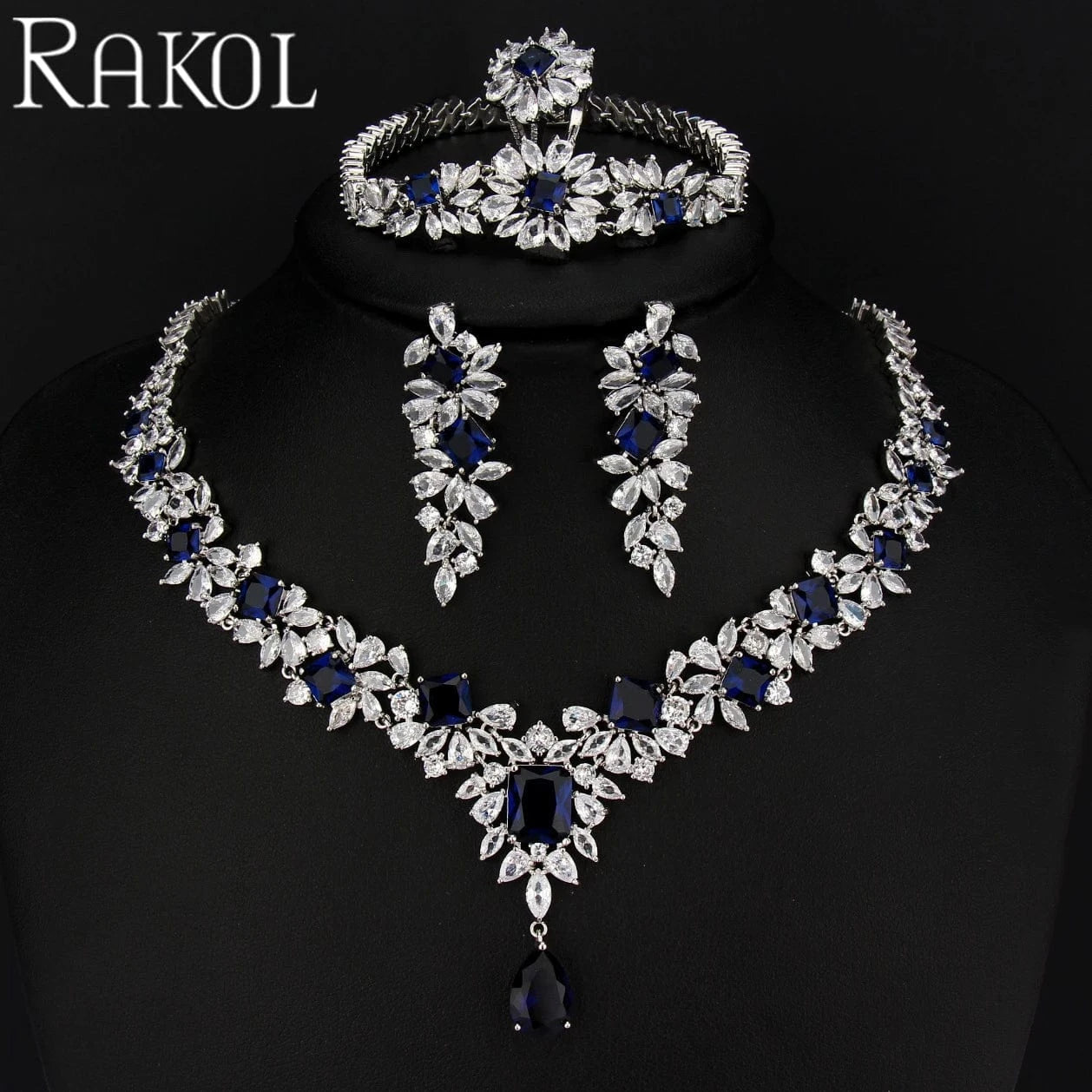 royal blue RAKOL ZPS184 Women luxury flower emerald cubic zirconia fashion jewelry sets dubai sterling silver plated wedding jewelry sets
