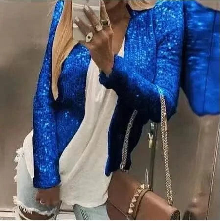 ROYAL BLUE / S Gold Purple Shiny Sequins Round Neck Cardigan Jacket Women Fashion Short Coat Silver Blue Nothing Red Outerwear Female Overcoat