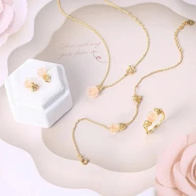 RST Women Conjuntos de Joyas 14K Gold Plated 925 Sterling Silver Flower Rose Quartz Jewelry Set V069