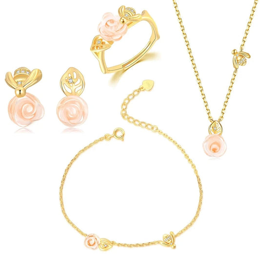 RST Women Conjuntos de Joyas 14K Gold Plated 925 Sterling Silver Flower Rose Quartz Jewelry Set V069