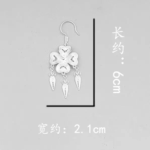 RTS Exquisite Natural Clover Flower Miao Jewelry Ethnic Handmade High Quality 999 Silver Drop Earrings