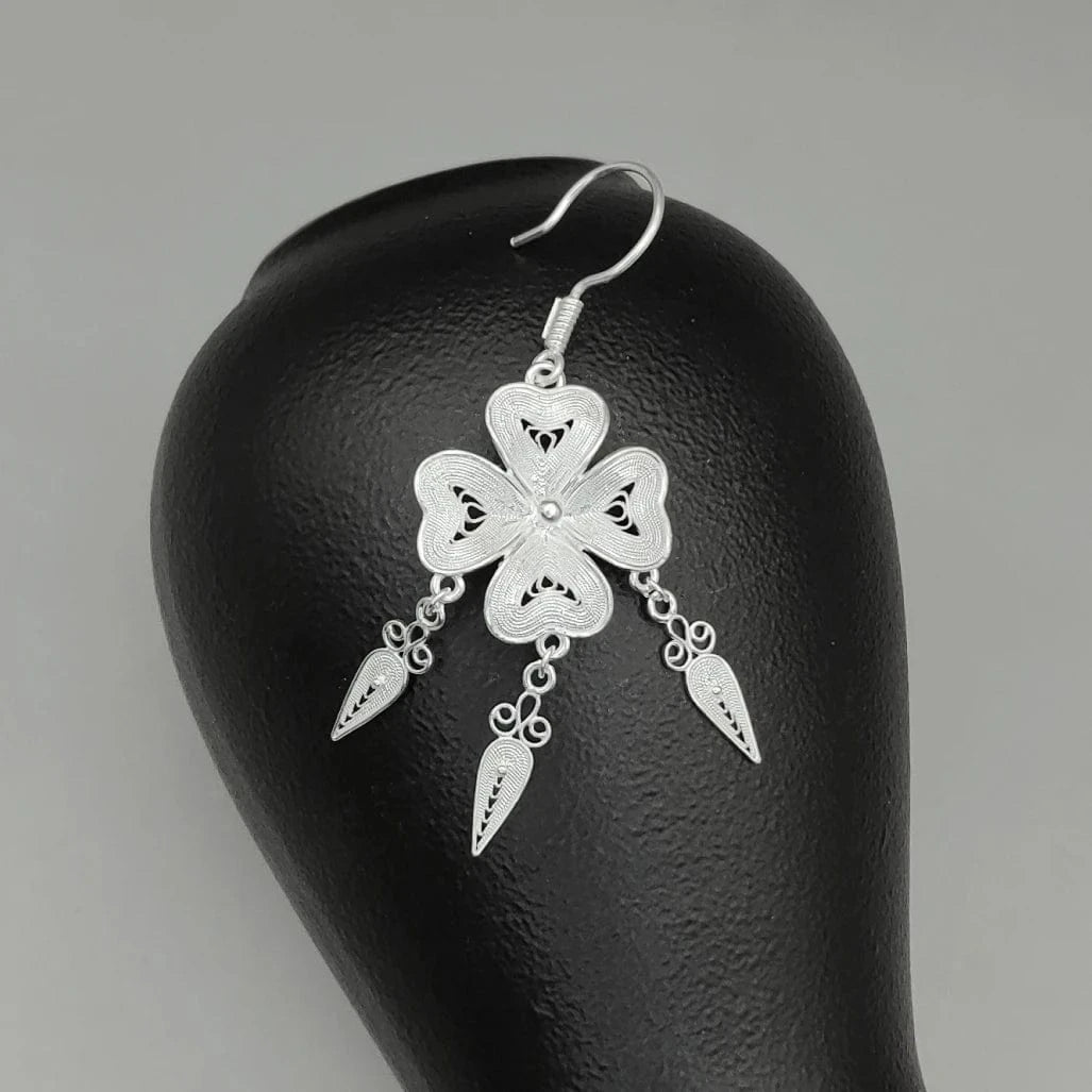 RTS Exquisite Natural Clover Flower Miao Jewelry Ethnic Handmade High Quality 999 Silver Drop Earrings