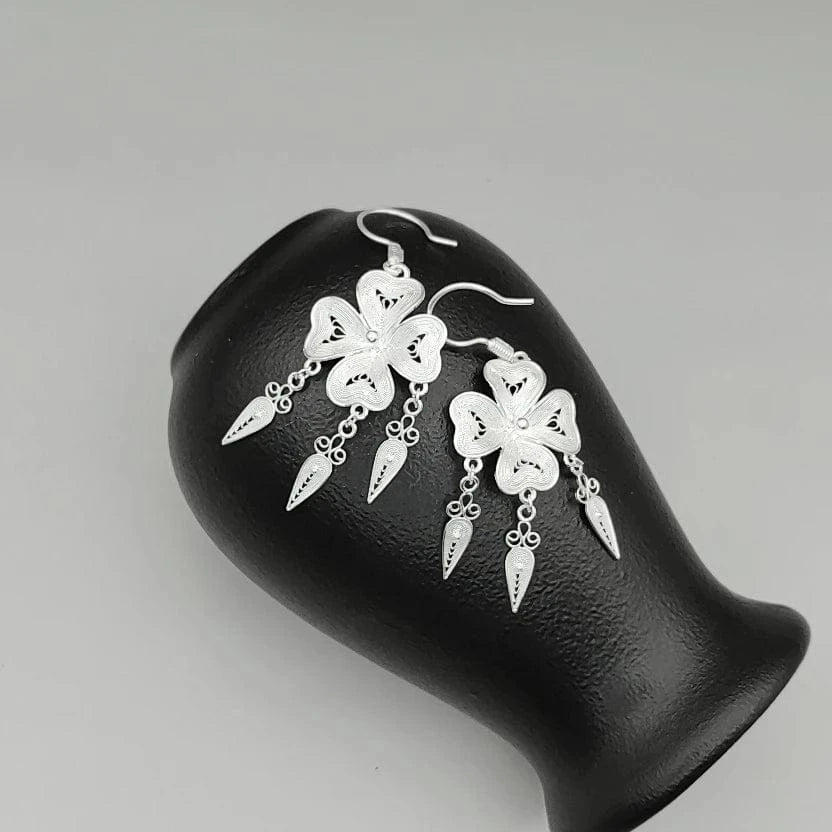 RTS Exquisite Natural Clover Flower Miao Jewelry Ethnic Handmade High Quality 999 Silver Drop Earrings