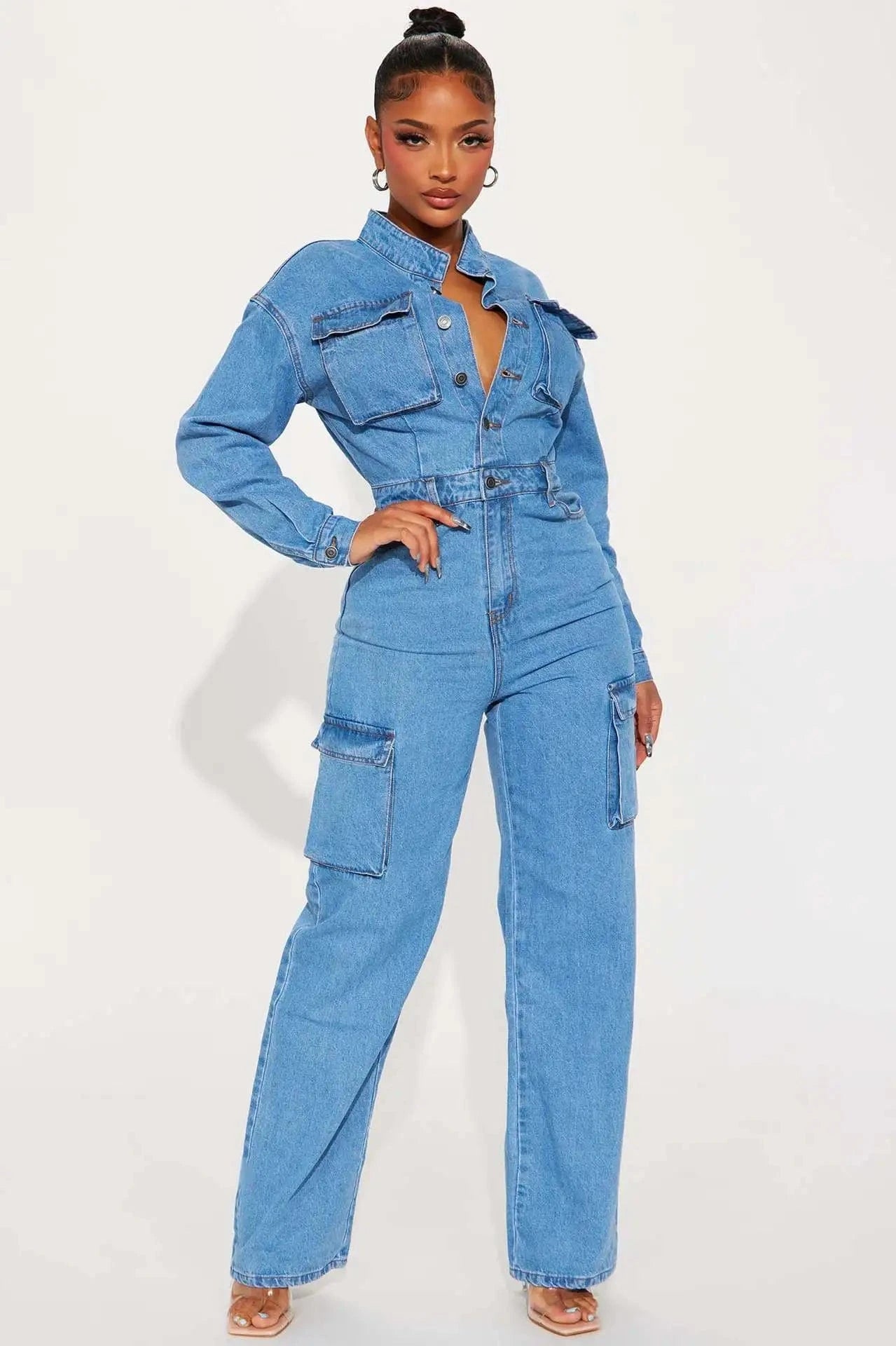 RTS Knitted Solid Color Bodycon Tight Waist Long Sleeve Casual Cargo Women Denim Jumpsuits