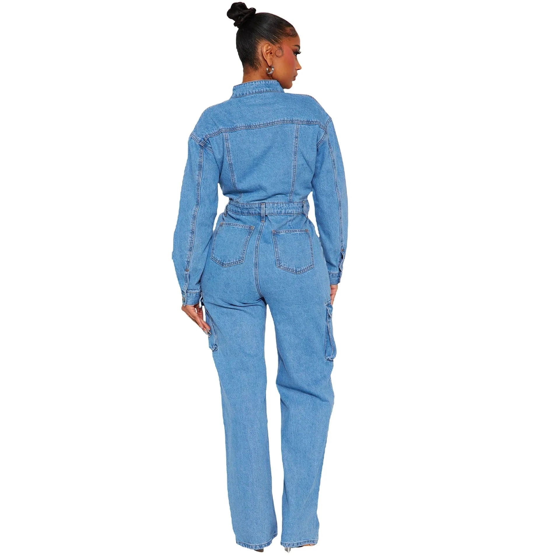RTS Knitted Solid Color Bodycon Tight Waist Long Sleeve Casual Cargo Women Denim Jumpsuits