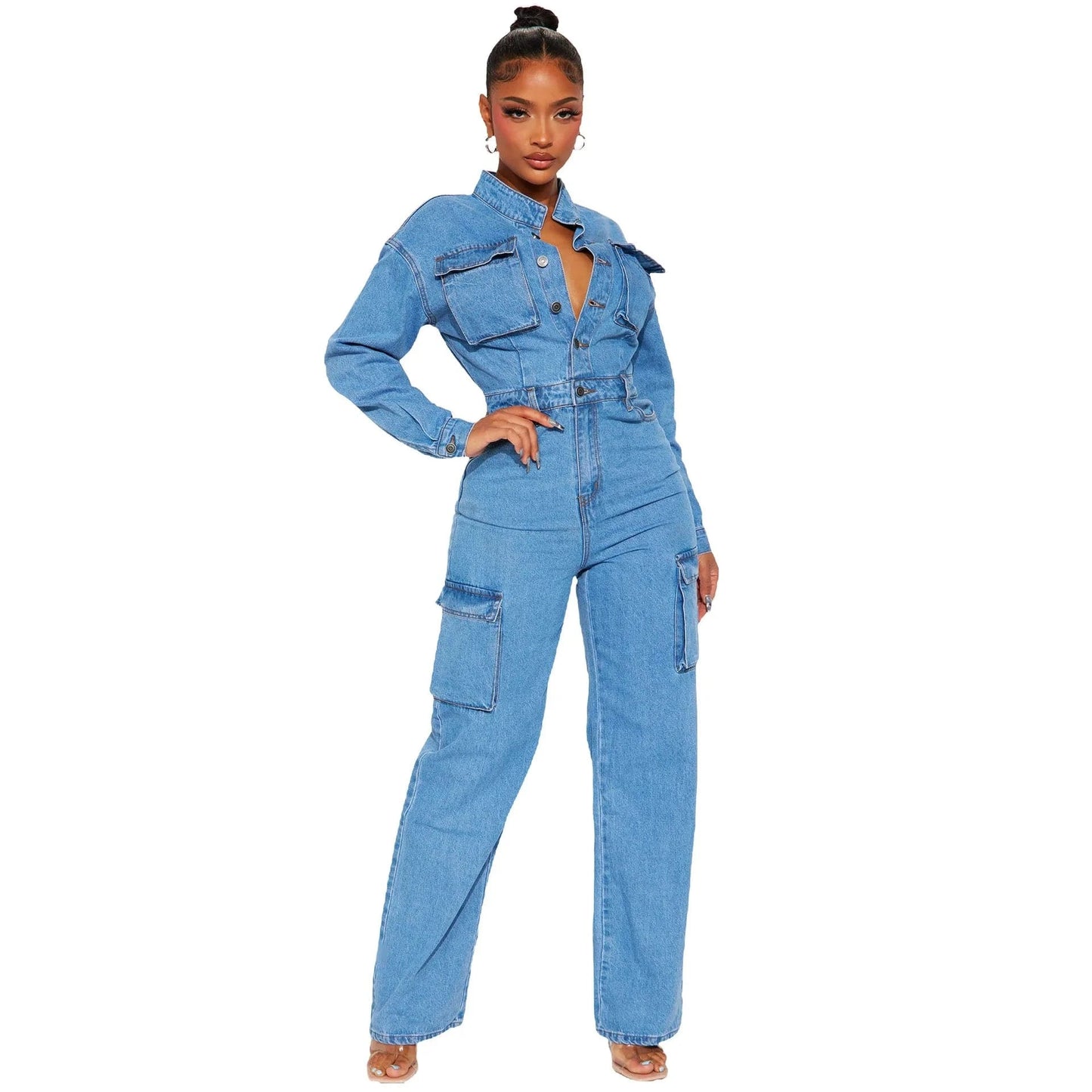 RTS Knitted Solid Color Bodycon Tight Waist Long Sleeve Casual Cargo Women Denim Jumpsuits