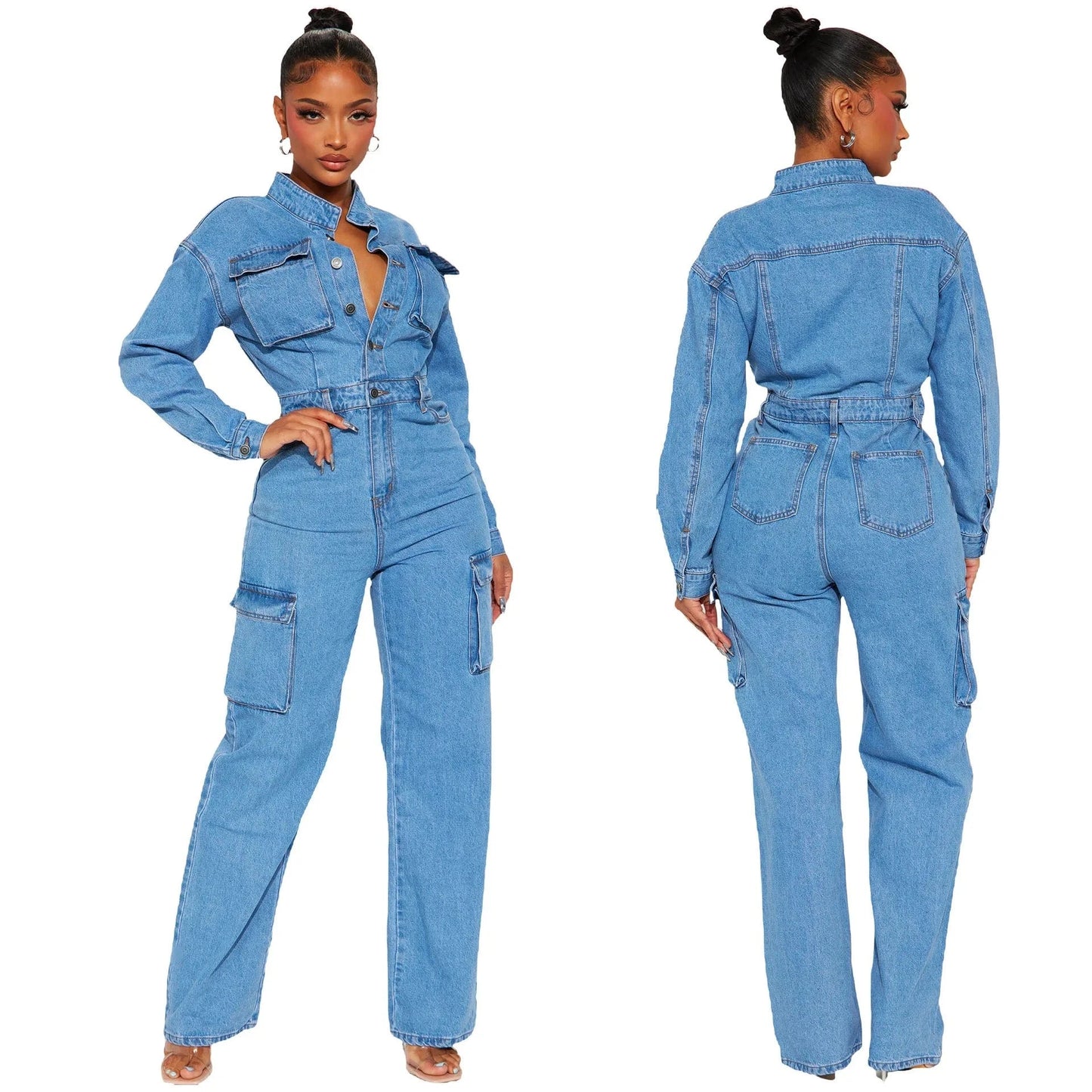 RTS Knitted Solid Color Bodycon Tight Waist Long Sleeve Casual Cargo Women Denim Jumpsuits