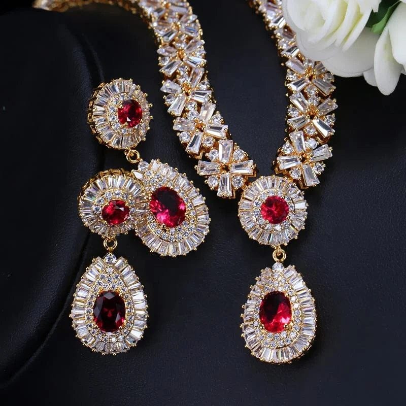 ruby+gold RAKOL SP232 American Style Popular Honorable Jewelry Full Inlay Crystal Zircon Water Shape Pendant Wedding Bridal Jewelry Set