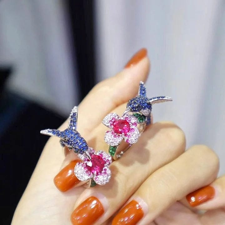 Ruby Ins Fashion Flower and Bird Rings Jewelry 925 Sterling Silver Christmas Gift for Women Vintage Gold Plated Silver Earrings 1 Pcs
