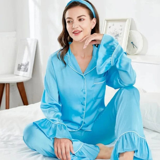 Ruffle Women'S Pajamas 2024 Summer Custom High Quality Silk Blue Ladies Pajamas With Headband Womens Blue Pajama Sets 2 Piece