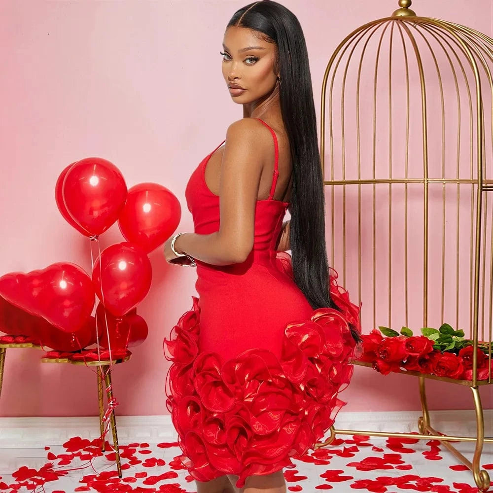 Ruffles Sleeveless Bodycon Mini Pleated Dress Women Party Elegant Short Evening Dresses Lady Luxury Sexy Birthday Red Prom Dress