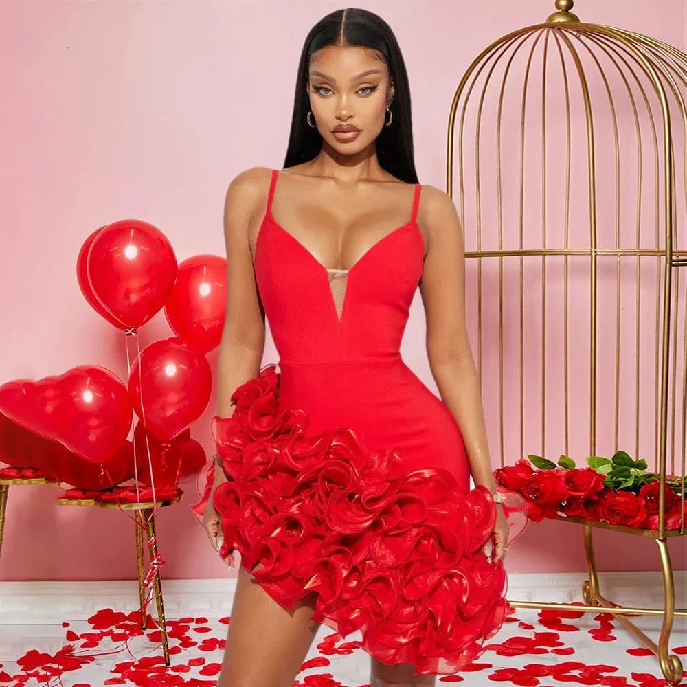 Ruffles Sleeveless Bodycon Mini Pleated Dress Women Party Elegant Short Evening Dresses Lady Luxury Sexy Birthday Red Prom Dress