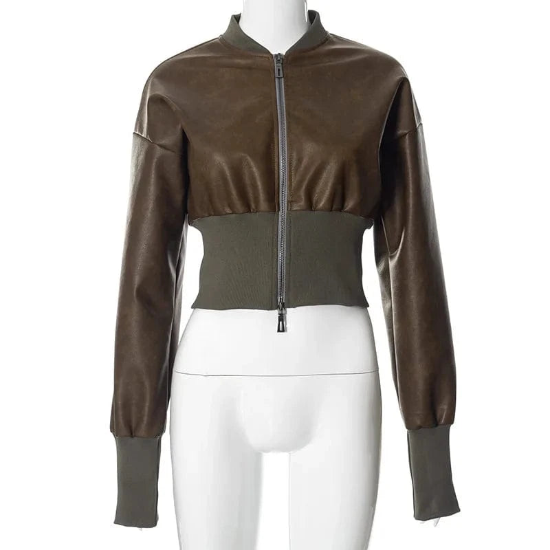 S / 01 K23tp533 Fashion 2024 New Autumn Winter Pu Leather Patchwork Long Sleeve Crop Coat Bodycon Casual Coat For Women Lady