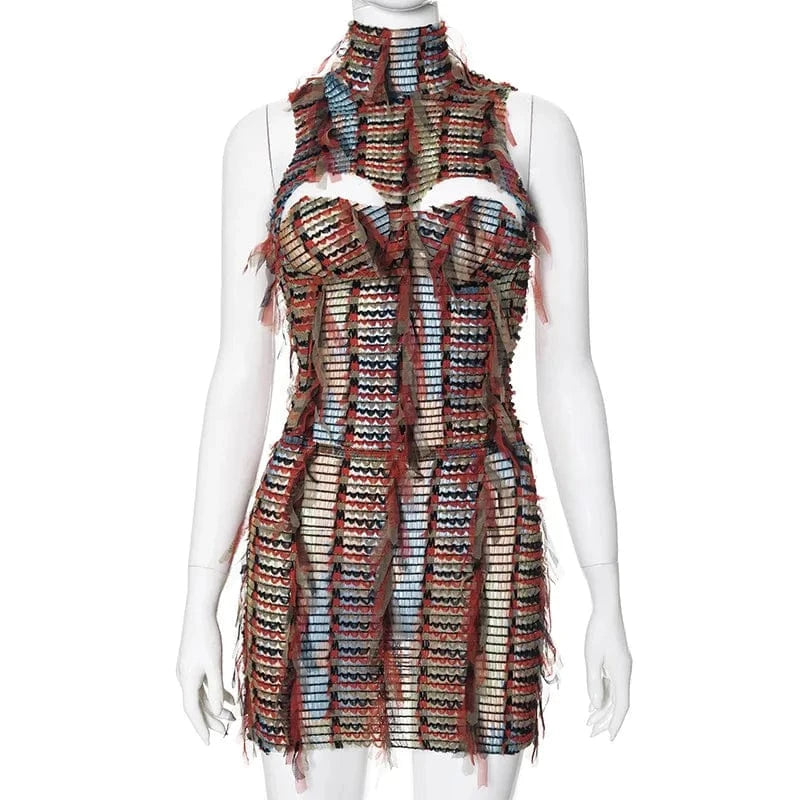 S / 01 K24ST067 Color Patchwork Mesh Tassel 2 Piece Set Women Sexy Turtleneck Sleeveless Hollow Out Backless Crop Tops mini Skirts