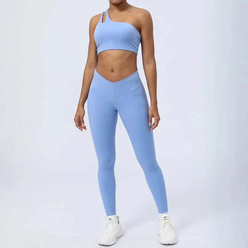 S / 2 2024 New Women Gym Yoga Set Sexy Breathable Single One Shoulder Yoga Bra And Elastic High Waist V Cut Leggings Gym Fitness Sets
