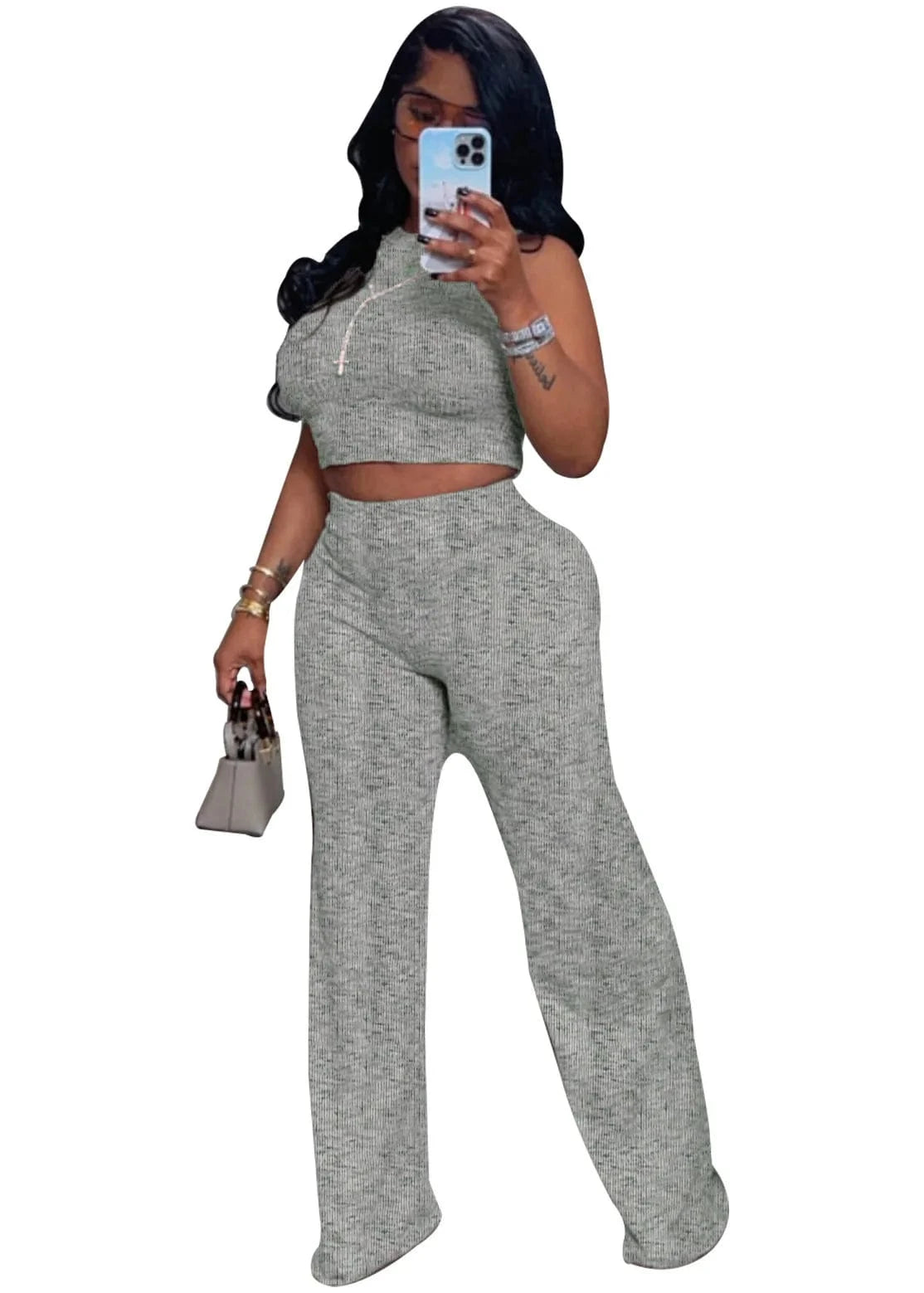 S / 2 BR4476 Women's Summer Sleeveless Printed Wide-leg Pants Two-piece Set