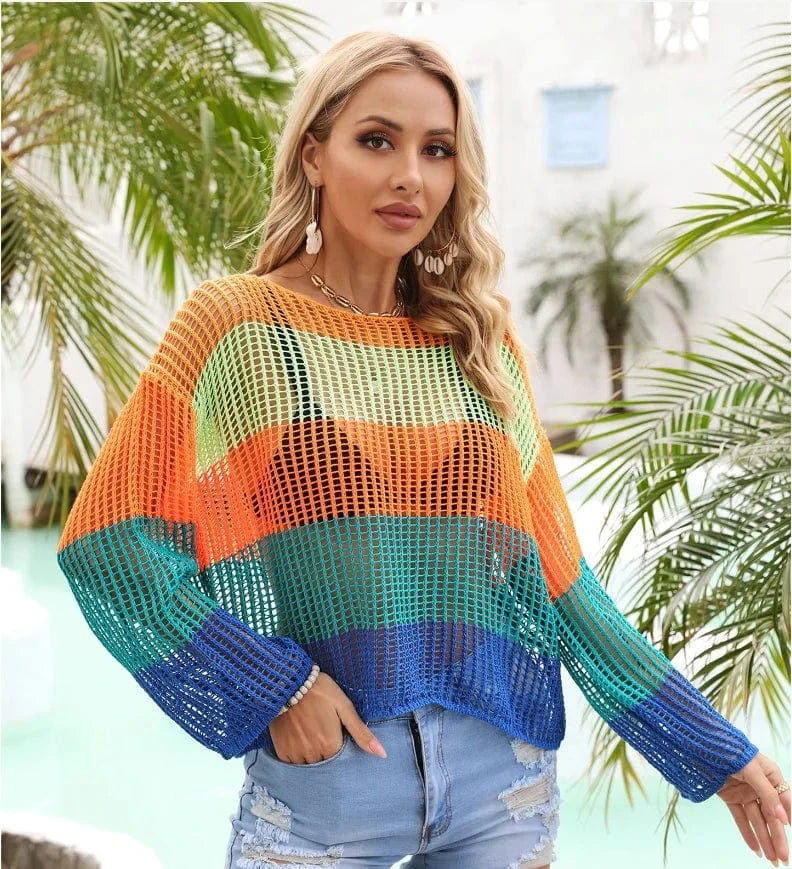 S / 2 DAMOCHIC Swimwear cover up for women Summer Long sleeves The hood beachwear cover ups Rainbow Hollow out Bikini cover ups 2023