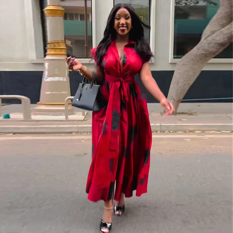 S / 2 ZHEZHE 2024 Summer Stylish Printed Polo Collar Single Breasted Pocket Short Sleeve Lace Up Floral Split Maxi Dress