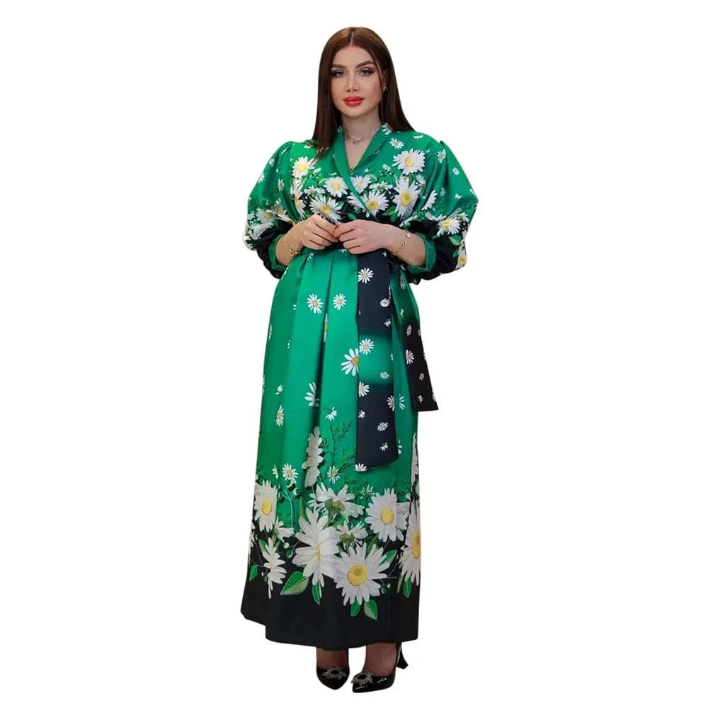 S / 2 ZHEZHE Dubai Arab 2024 Spring New Fashion Printed Print 5/4 Sleeve Robe Dress Elegant Maxi Casual Dress
