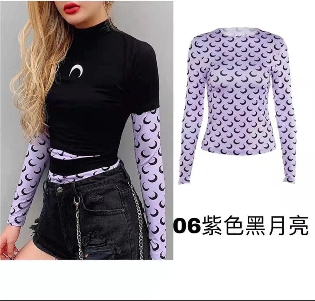 S / 24TP011804  10 / Polyester / Cotton Cutenova 24TP011804  Fashion 2024 Moon Graphic T Shirts Y2K Crop Top Women Streetwear Ladies Top