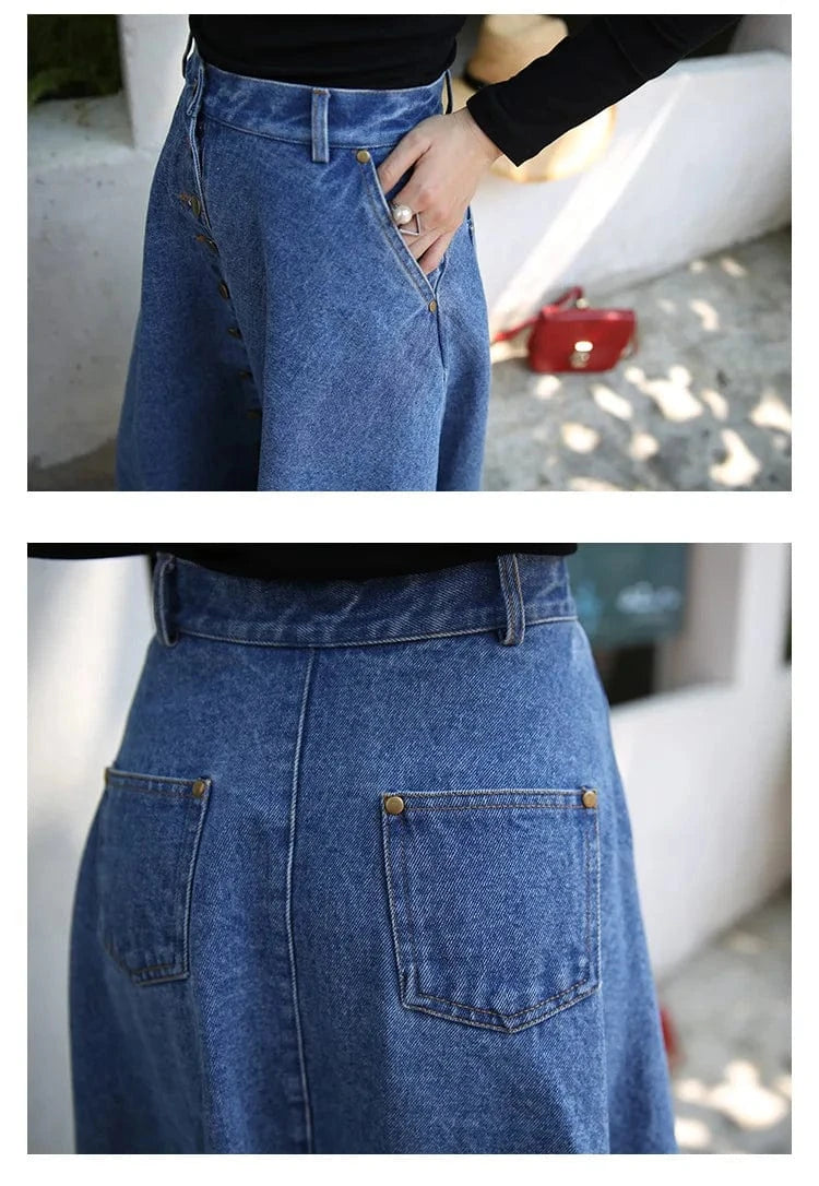 S-2XL Korean version loose single breasted half length skirt High waisted skirt Large A-line denim skirt