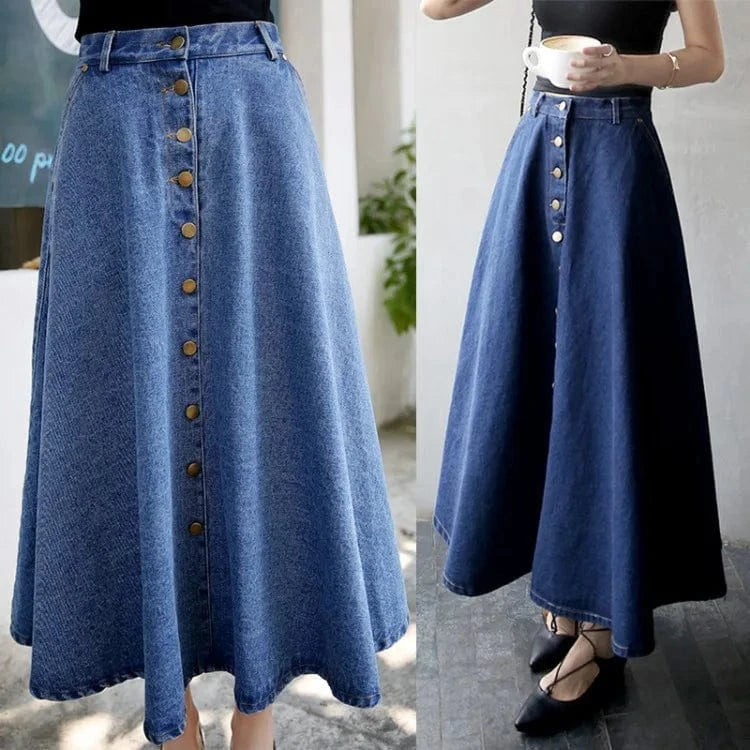 S-2XL Korean version loose single breasted half length skirt High waisted skirt Large A-line denim skirt
