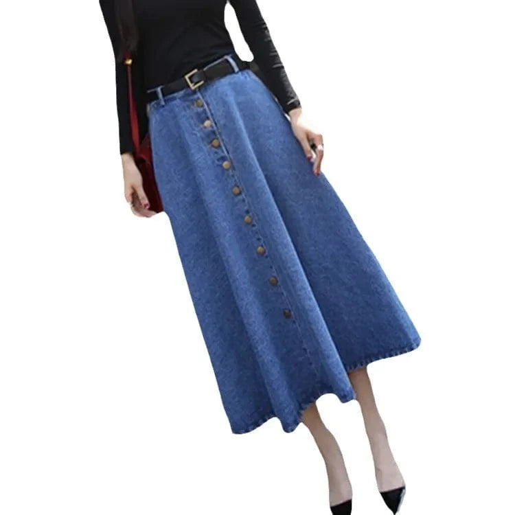 S-2XL Korean version loose single breasted half length skirt High waisted skirt Large A-line denim skirt