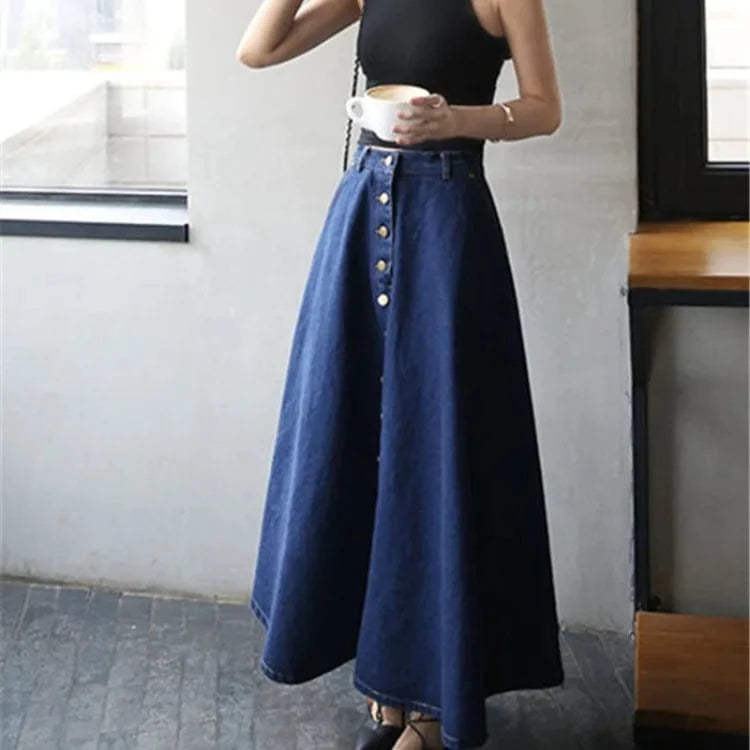 S-2XL Korean version loose single breasted half length skirt High waisted skirt Large A-line denim skirt