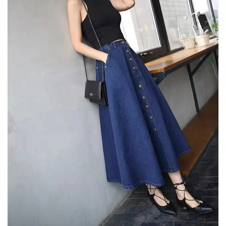 S-2XL Korean version loose single breasted half length skirt High waisted skirt Large A-line denim skirt