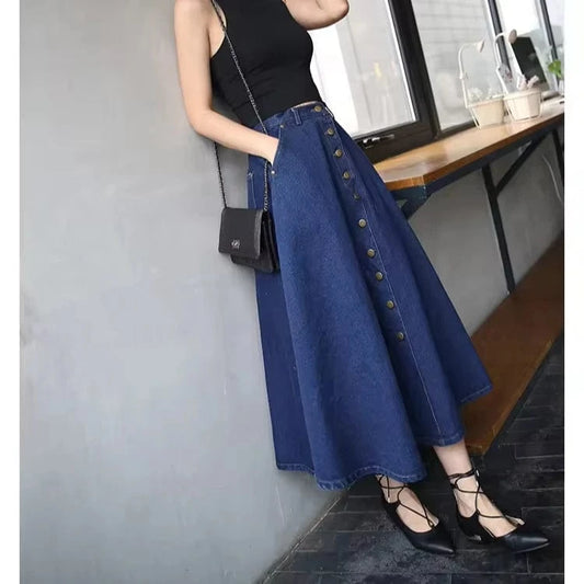 S-2XL Korean version loose single breasted half length skirt High waisted skirt Large A-line denim skirt