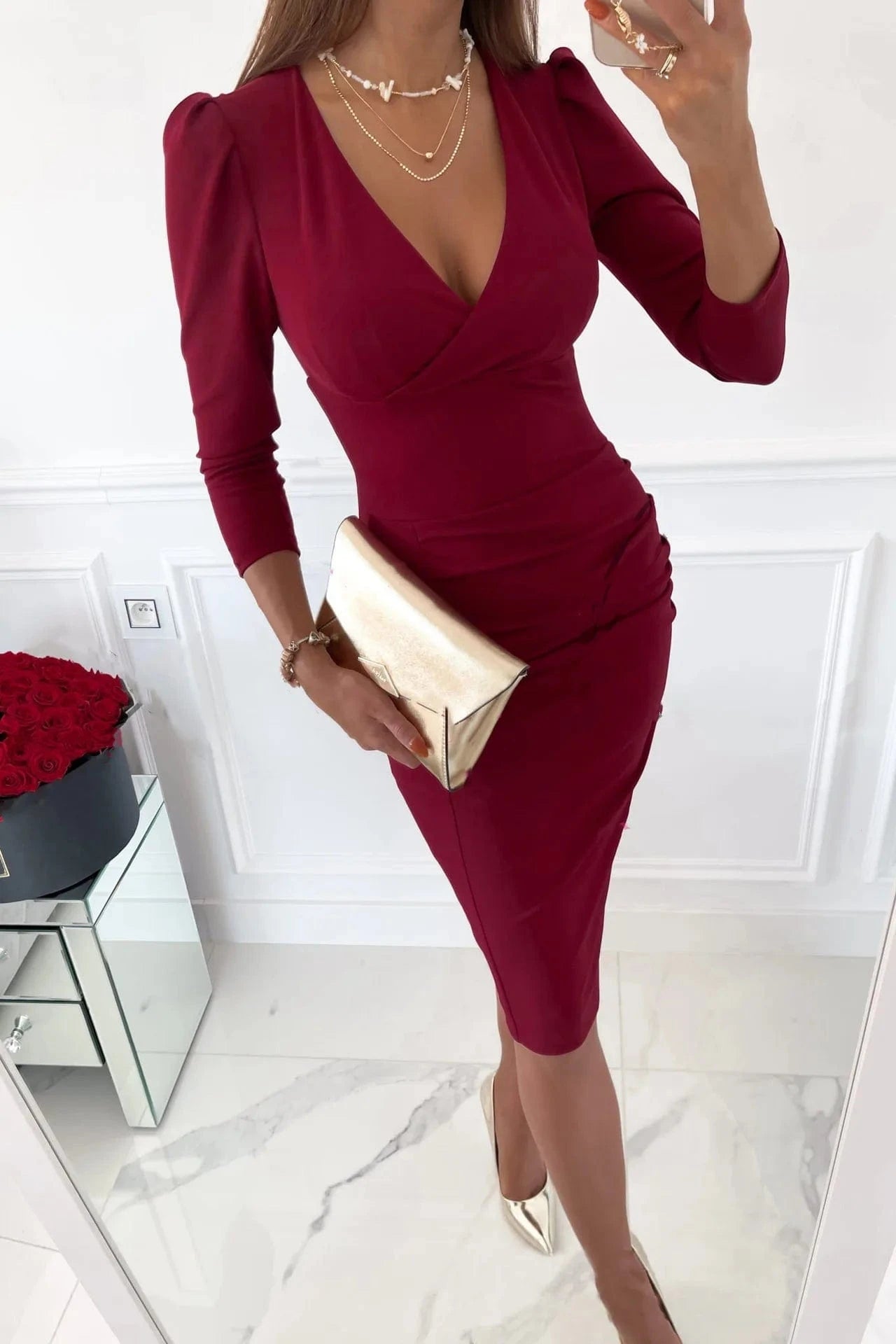 S / 3 Dresses For Women Autumn Winter Solid Color Long Sleeve V Neck Knee Business Length Dress For Women 2024 Wedding Guest vestidos