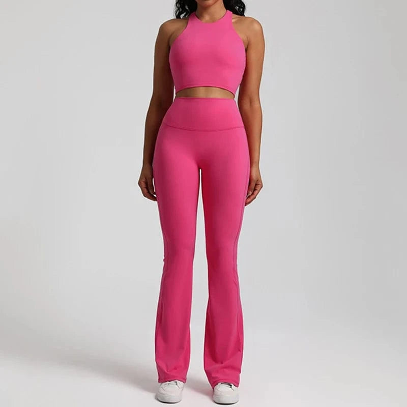 S / 3 Wholesale High Neck Racer Back Sports Bra Wide Leg Flared Pants No Front Seam Line Legging Workout Fitness Gym Wear Yoga Set