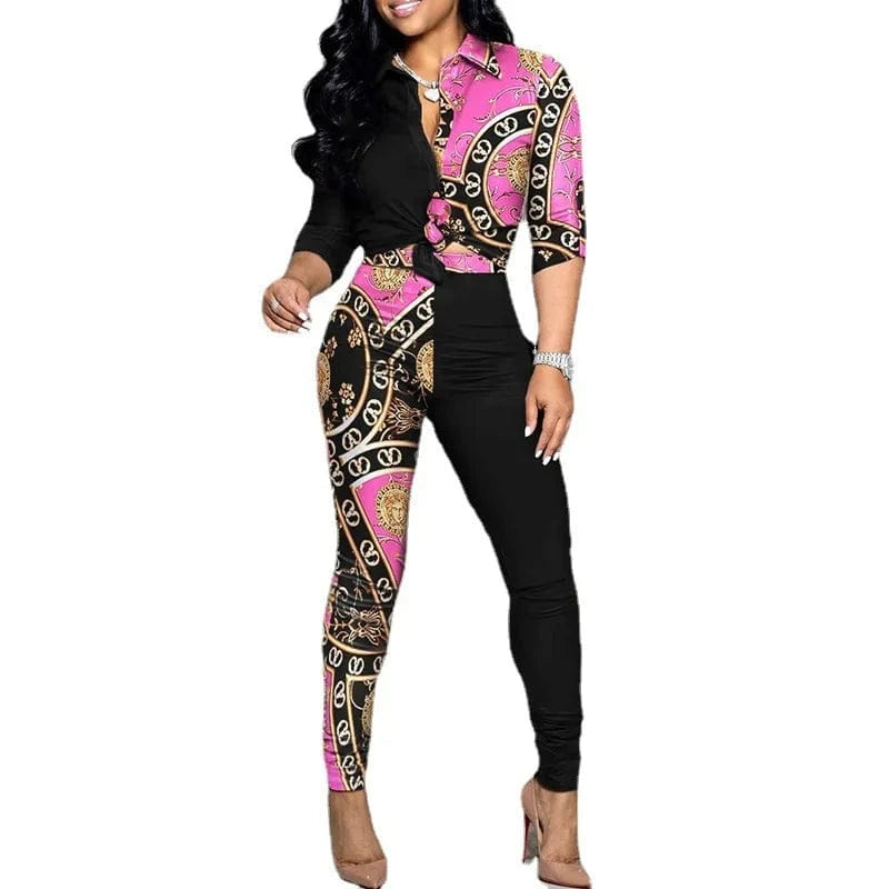 S / 4 2024 The new casual suit a two-piece set of printed long-sleeve lapel shirt and casual pants